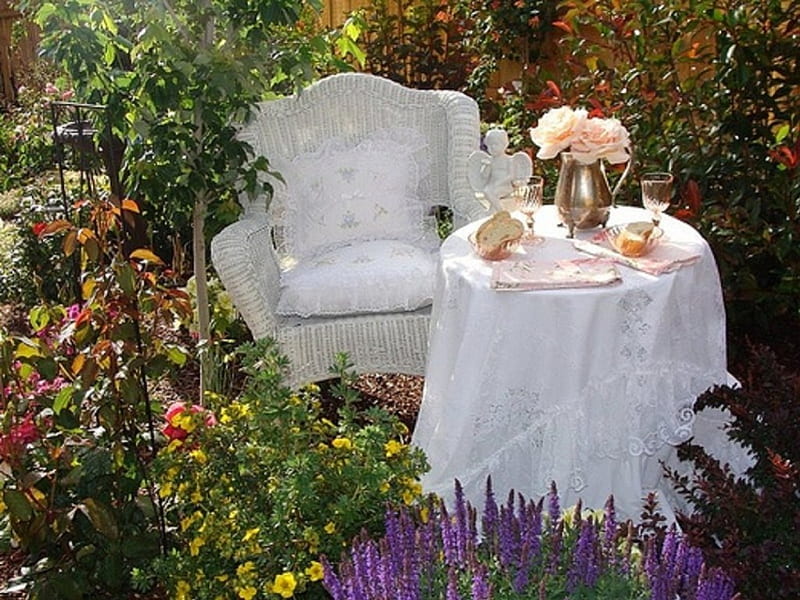 garden tea party, table, garden, flowers, tea party, HD wallpaper