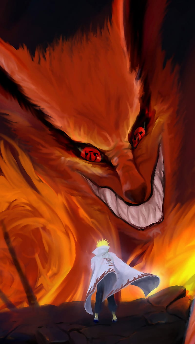 Kyuubi And Minato, 9 tails, evil, kyuubi, naruto, red, HD phone wallpaper
