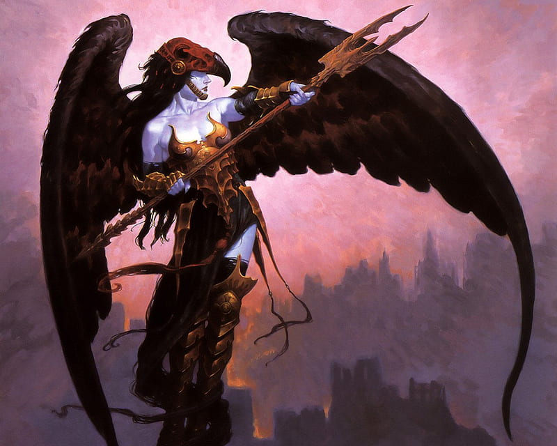Angel from Magic the Gathering!, pitch fork, fantasy, wings, trees, HD wallpaper