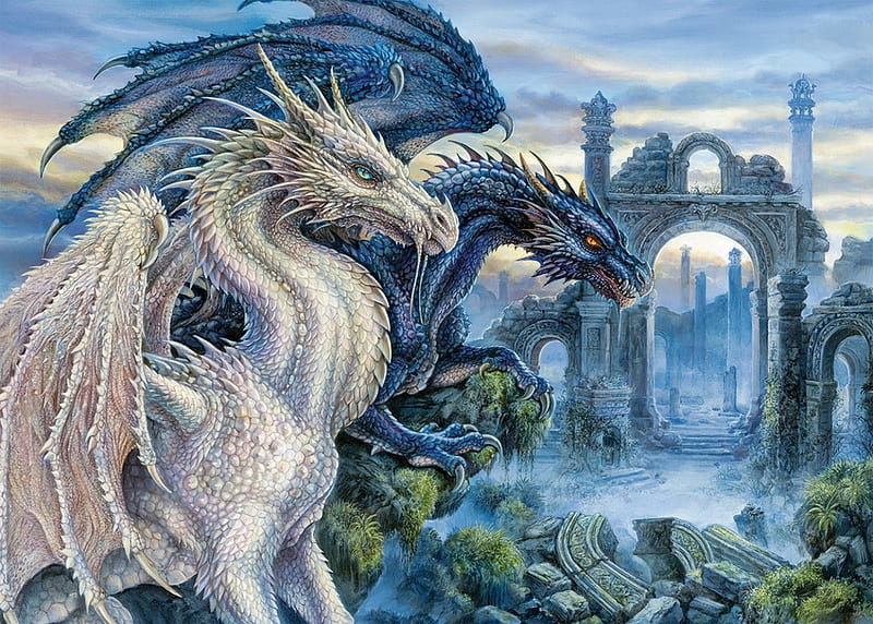 Dragon's World, art, towers, buildings, ruins, sky, dragons, HD wallpaper