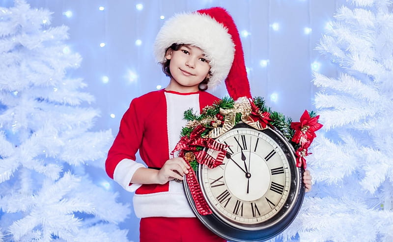 Merry Christmas!, red, costume, christmas, time, clock, winter, hat, snowflake, santa, boy, child, fir, white, blue, HD wallpaper