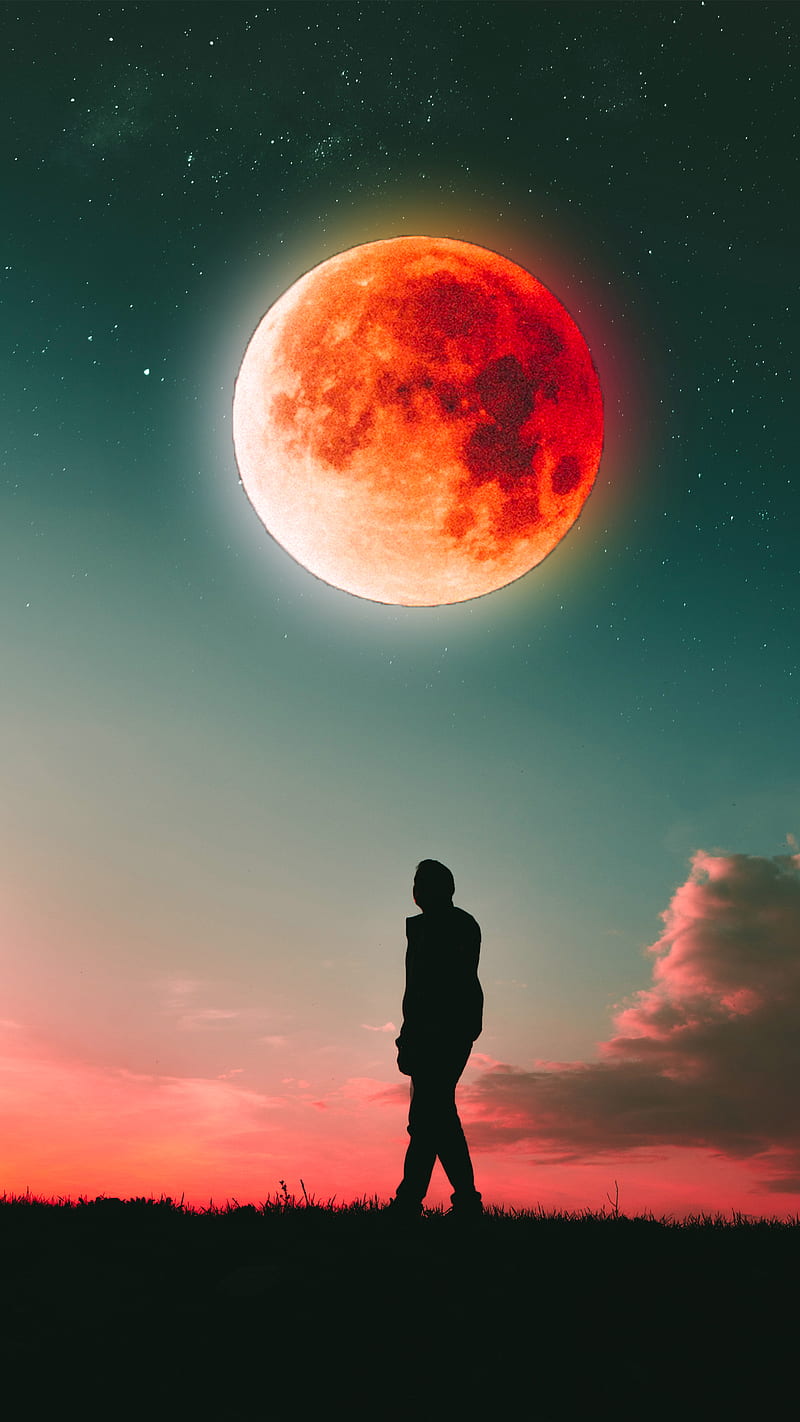 BLOOD MOON, cosmos, dark, moons, silhouette, stars, sunset, HD phone wallpaper