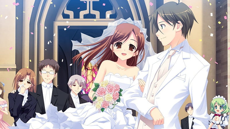 ♡ Married ♡, veil, sweet, floral, marry, groom, love, anime, handsome, anime girl, long hair, lovely, gown, sexy, happy, short hair, cute, lover, married, dress, guy, bride, hot, wed, couple, bride and groom, female, male, brown hair, church, wedding, boy, girl, bouquet, flower, HD wallpaper