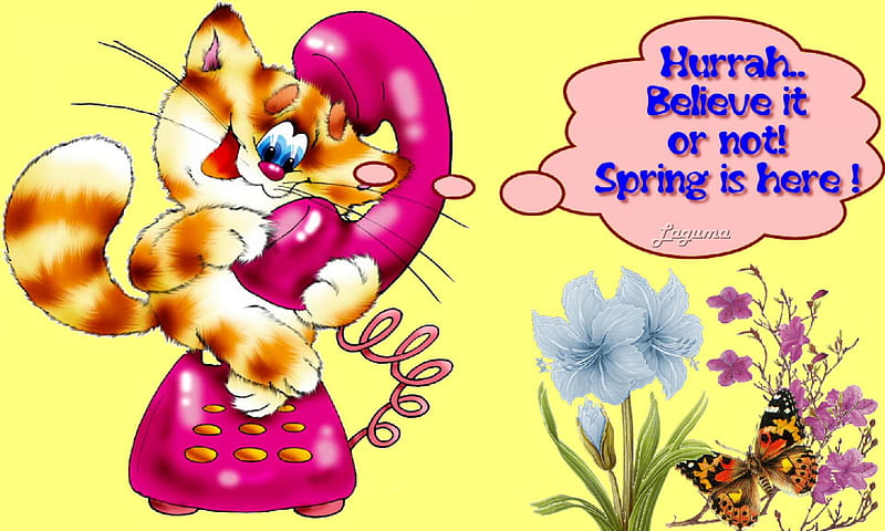 Welcome Spring, flower, Spring, cartoon, cat, HD wallpaper