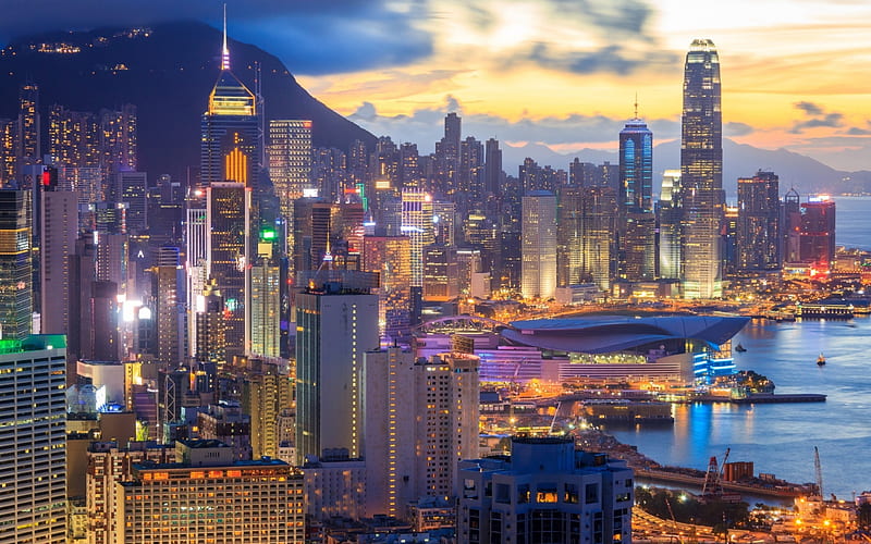 Hong Kong, city lights, sunset, skyscrapers, International Commercial Center, China, HD wallpaper