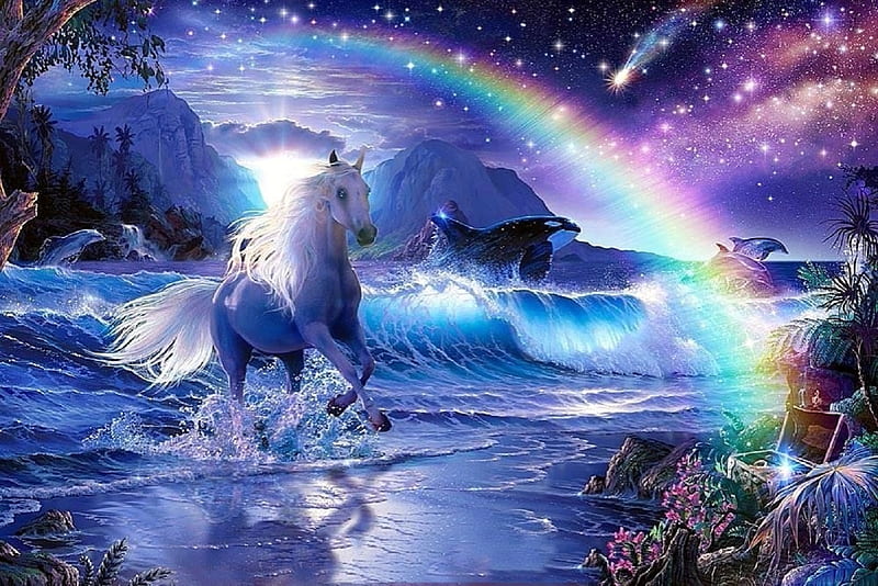 The Quest of Life, stars, oceans, love four seasons, attractions in dreams, waves, horse, sky, sea, rainbows, paintings, beaches, summer, nature, animals, blue, HD wallpaper
