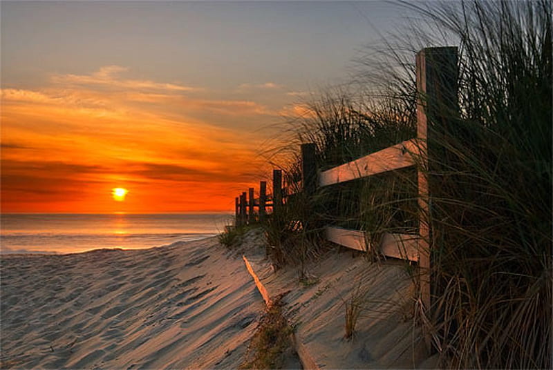 Sunset, fence, sun, orange, ocean, bonito, sky, beach, sand, HD wallpaper