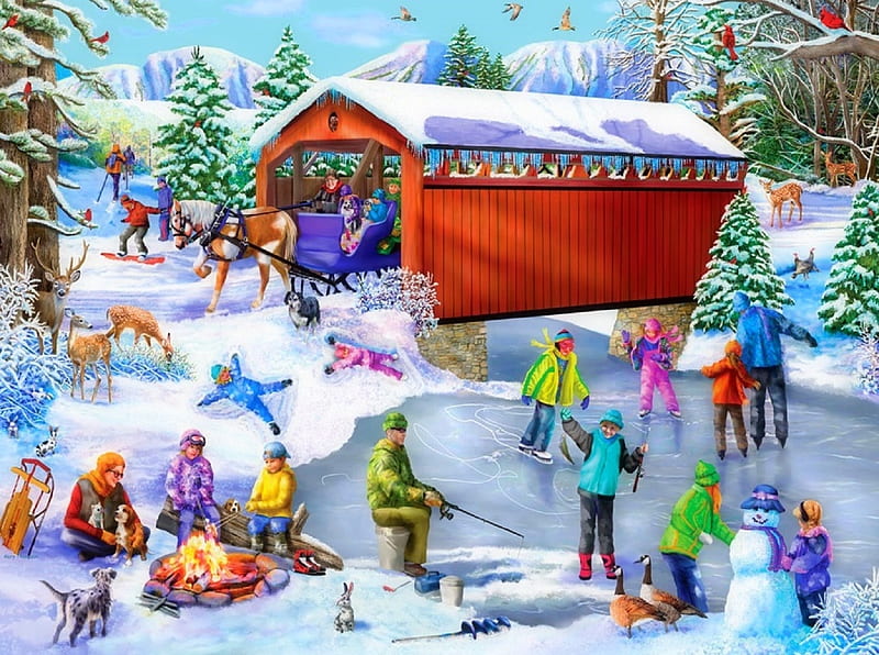 Winter Frolic, villages, Christmas, holidays, skating link, chlidren, love four seasons, attractions in dreams, snowman, xmas and new year, winter, snow, winter holidays, animals, HD wallpaper