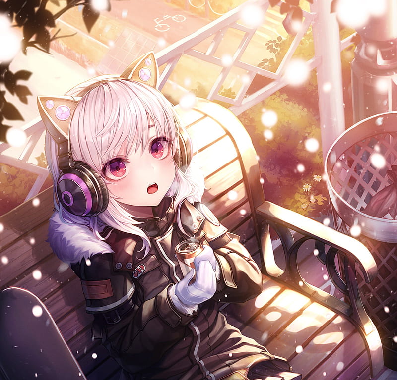 bench, anime girl, park, animal ears, impressed expression, snow, scenic, coffee, Anime, HD wallpaper
