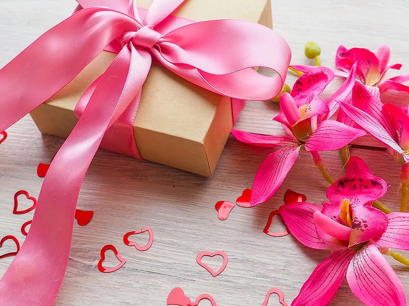 :-), orchid, heart, box, flower, valentine, pink, gift, HD wallpaper