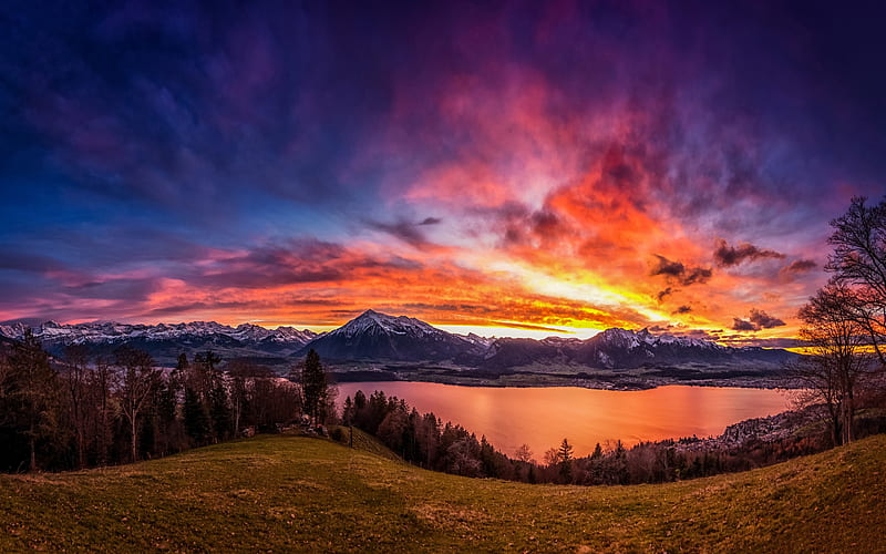 Lake Thun, Bernese Alps, Switzerland, sky, landscape, mountains, colors, sunset, clouds, HD wallpaper