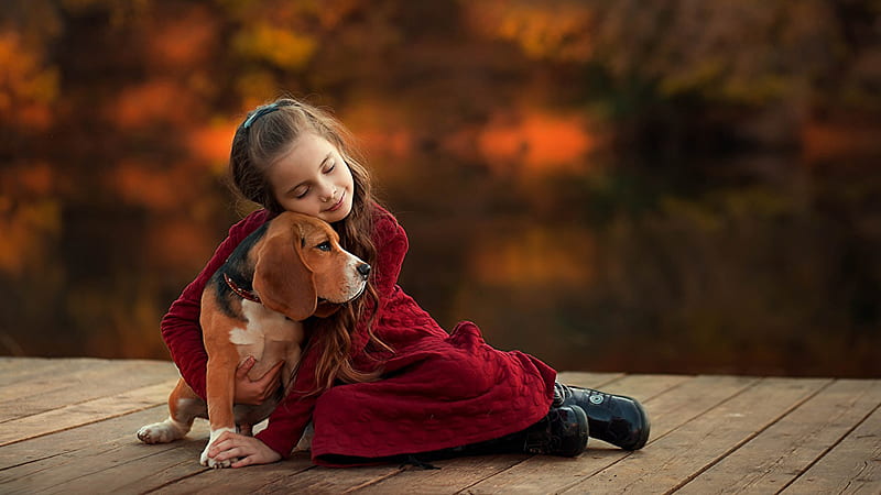 Cute Little Girl Is Sitting On Wood Dock Hugging Dog Wearing Dark Maroon Dress Cute, HD wallpaper