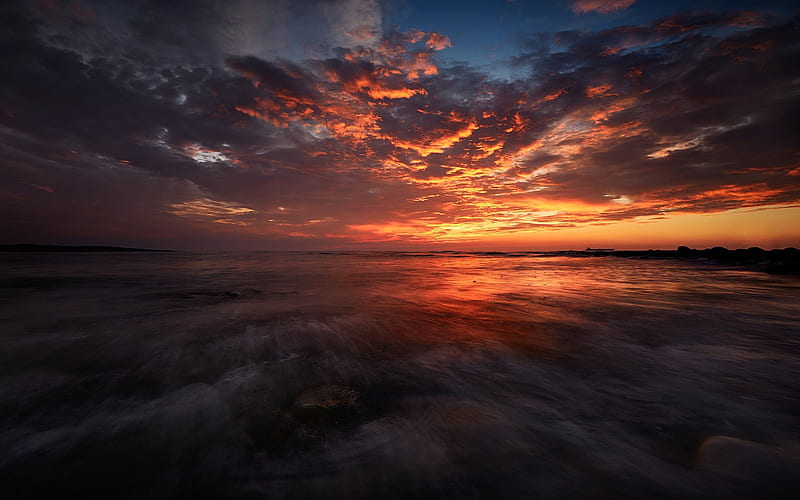 sunset, evening, seascape, coast, sea, orange sky, HD wallpaper