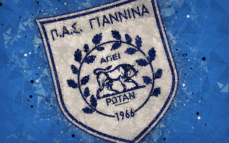 PAS Giannina FC logo, geometric art, blue abstract background, Greek football club, emblem, Super League Greece, creative art, Ioannina, Greece, football, HD wallpaper