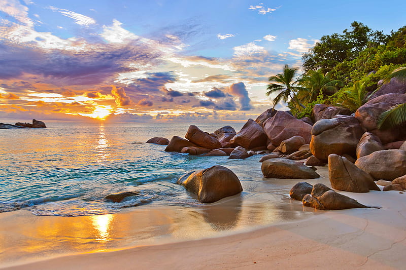 Rest in Seychelles, rest, vacation, ocean, bonito, sunset, palms, sea, beach, sand, Seychelles, stones, paradise, summer, sunrise, reflection, tropics, island, HD wallpaper