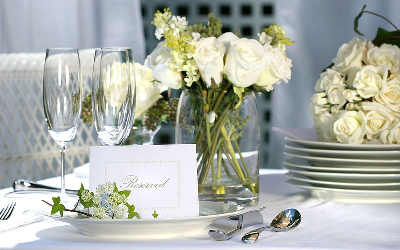 wedding table appointments, white roses, wedding, decorations, bouquet of flowers, HD wallpaper