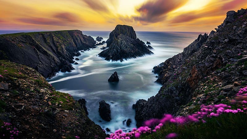 Malin Head, Ireland, coast, colors, clouds, flowers, sky, atlantic, rocks, sunset, HD wallpaper