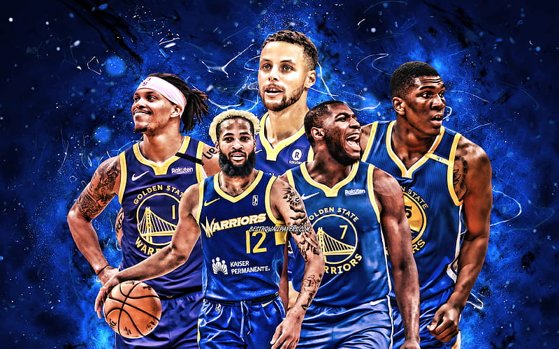 Damion Lee, Ky Bowman, Stephen Curry, Eric Paschall, Kevon Looney Golden State Warriors, basketball, NBA, Golden State Warriorsteam, blue neon lights, basketball stars, HD wallpaper