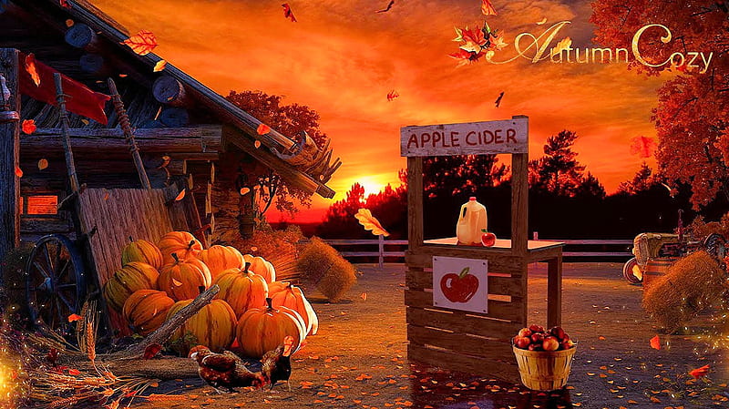 Autumn Cozy, pumpkins, tractor, leaves, cider, apples, sunset, sky, HD wallpaper