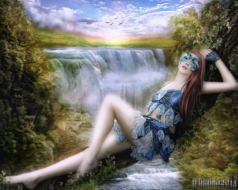 ★My Dream for Tomorrow★, pretty, clouds, women, sweet, fantasy, splendor, manipulation, waterfall, flowers, face, tomorrow, lovely, models, birds, sky, lips, trees, my dreams, cool, scenes, eyes, colorful, bonito, digital art, hair, leaves, girls, scenery, gorgeous, female, view, colors, plants, mask, HD wallpaper