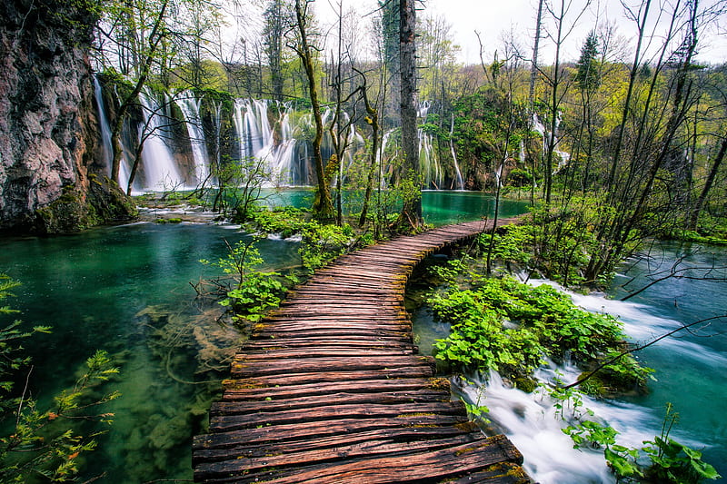 Plitvice Lake Waterfall, Croatia, waterfall, croatia, walkway, lake, HD wallpaper