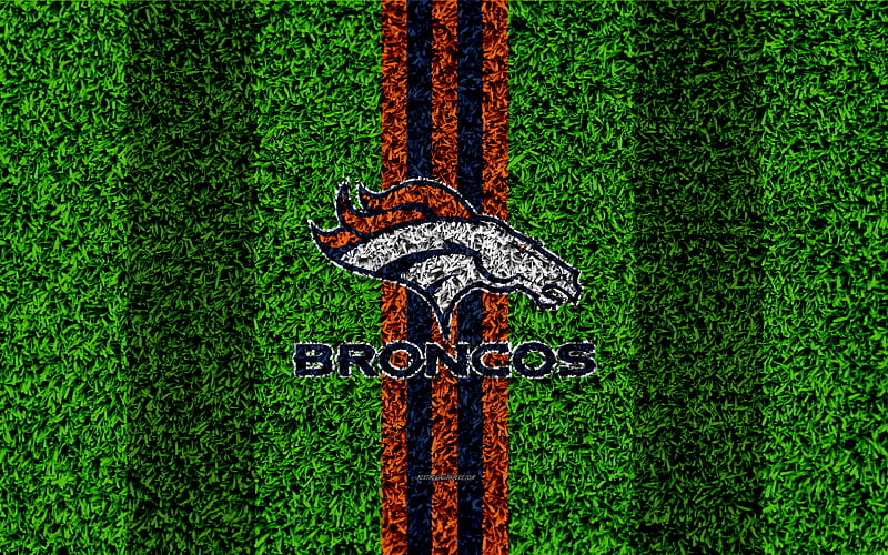 Denver Broncos, logo grass texture, emblem, football lawn, blue orange lines, National Football League, NFL, Denver, Colorado, USA, American football, HD wallpaper