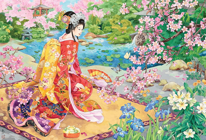 Geisha, red, sakura, green summer, yellow, spring, kimono, girl, painting, flower, asian, chinese, pictura, HD wallpaper