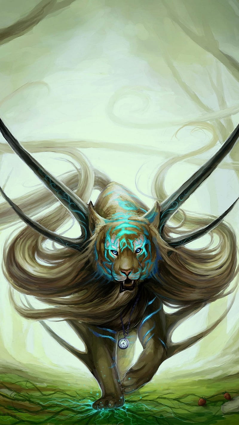 Tiger Horns Hair , tiger horns, animation, art, green, HD phone wallpaper