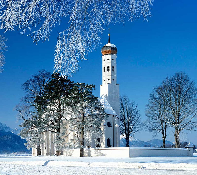 St. Coloman Church, germany, snow, st coloman church, nature, winter, HD wallpaper