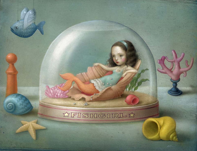 Mermaid, nicoletta ceccoli, luminos, yellow, fantasy, girl, shell, bird, painting, surreal, pictura, blue, HD wallpaper