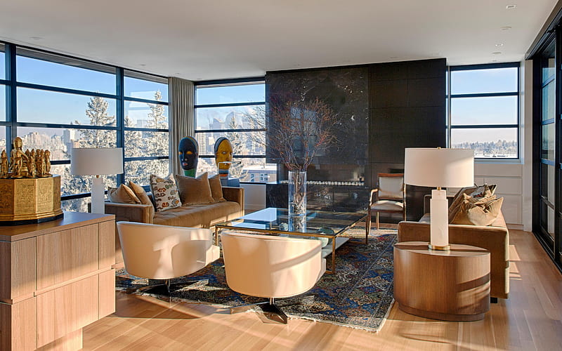 living room, stylish interior design, apartments, retro style, golden glass table, HD wallpaper