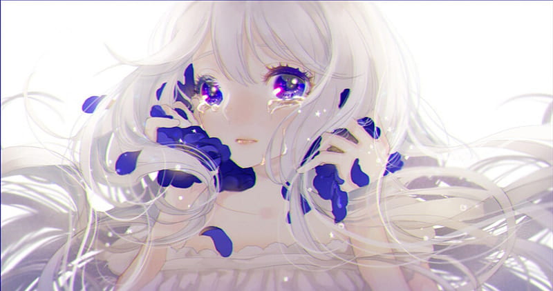 Crying Girl, pretty, dress, white hair, bonito, woman, sweet, anime, tears, flowers, beauty, long hair, cry, blue, art, female, lovely, sadness, roses, cute, girl, purple, sad, petals, lady, white, HD wallpaper