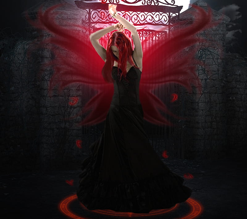 Dark Fairy, angel, black, girl, gothic, night, red, woman, HD wallpaper