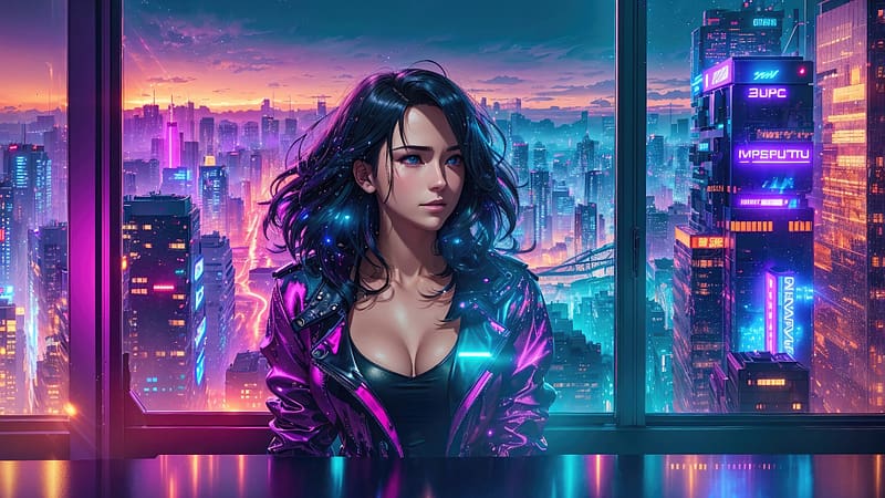 Cyberpunk Girl Gazing Into The Neon Abyss Of Tomorrow, cyberpunk, scifi, neon, ai-girls, ai, artist, artwork, digital-art, HD wallpaper