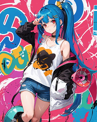 Girl With Blue Eyes Jacket Bricks Graffiti Paint Wall Anime HD