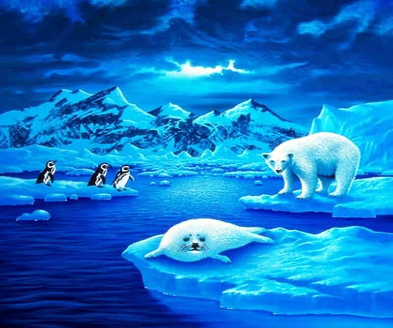 ✫Magic Blue Iceberg✫, wonderful, polar bears, attractions in dreams, frosty, paintings, landscapes, animals, blue, colors, love four seasons, creative pre-made, icebergs, seals, winter, snow, mountains, Arctic, white, penguins, HD wallpaper