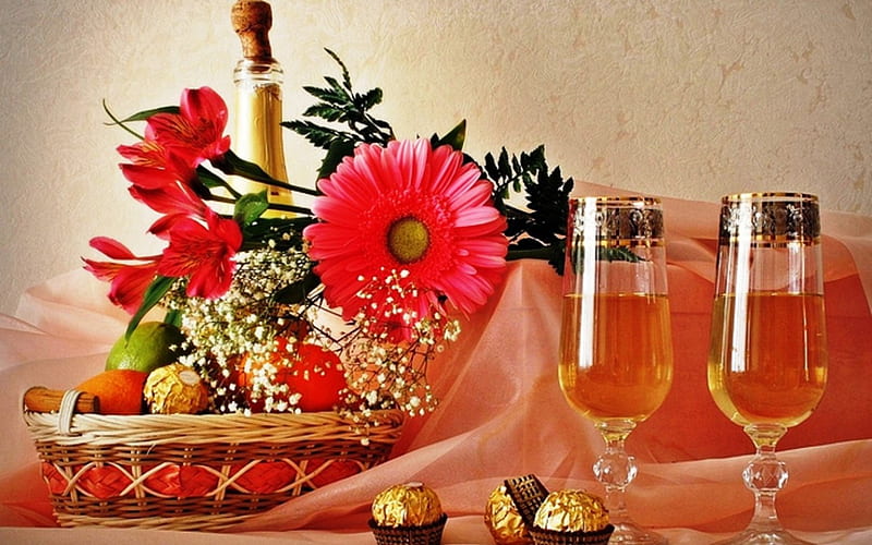 Have a nice day !, red, candy, drinks, chocolate, glasses, abstract, fruit, still life, graphy, basket, flowers, beauty, champagne, pink, HD wallpaper