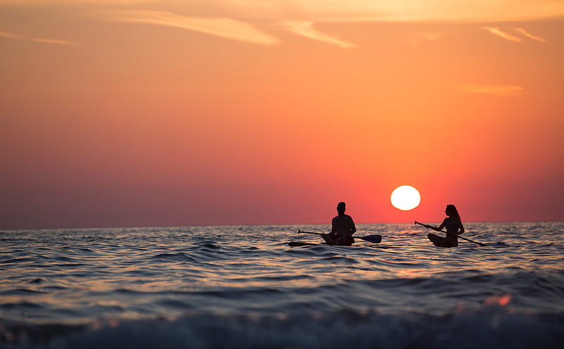 Paddleboarding Ultra, esports, Surfing, Ocean, Travel, Sunset, Water, Silhouette, Couple, Seascape, Lovers, Adventure, Vacation, Paddle, surfboard, paddleboard, HD wallpaper