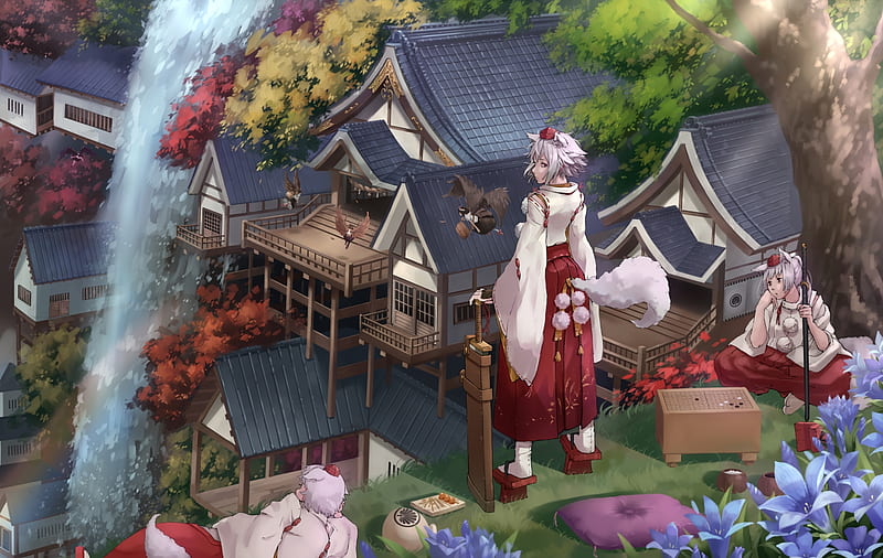 inubashiri momiji, touhou, shameimaru aya, himekaidou hatate, waterfall, scenic, Anime, HD wallpaper