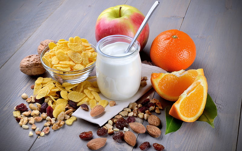 Breakfast with Oranges, nuts, apple, yogurt, breakfast, oranges, HD wallpaper