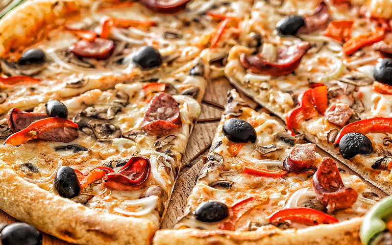 Pizza, fast food, Pizza with mushrooms, sausage, tomatoes, pizza close-up, HD wallpaper