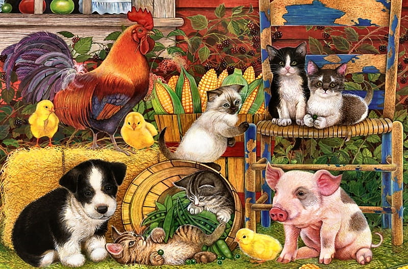 Farm Animals F2Cmp, rooster, art, pig, bonito, cat, artwork, canine, animal, pet, feline, painting, wide screen, chicks, chickens, swine, dog, HD wallpaper