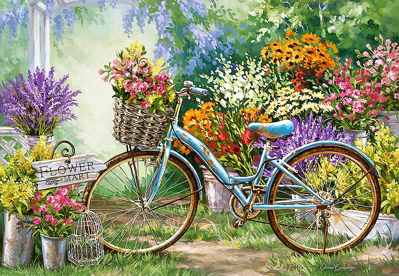 The Flower Mart, basket, painting, bicycle, flowers, blossoms, artwork, HD wallpaper