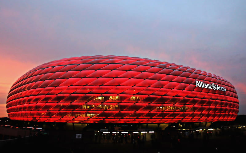 Allianz Arena, Munich, Germany, football stadium, evening, red lights, modern sports arenas, German stadiums, Bayern Munich Stadium, HD wallpaper