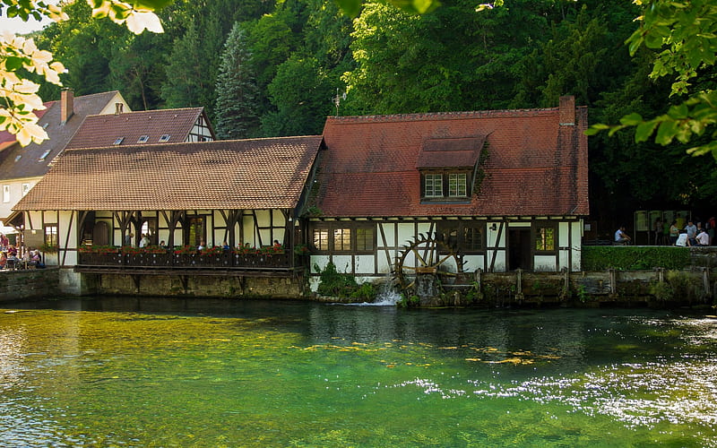 Watermill in Germany, rever, watermill, trees, Germany, HD wallpaper