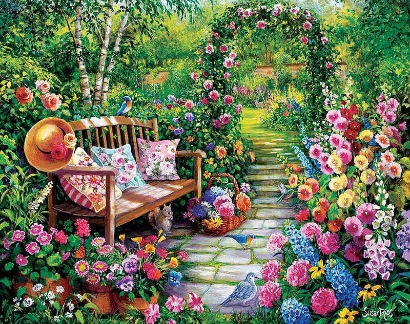 Kim's Garden, hat, painting, flowers, blossoms, stairs, bench, HD wallpaper