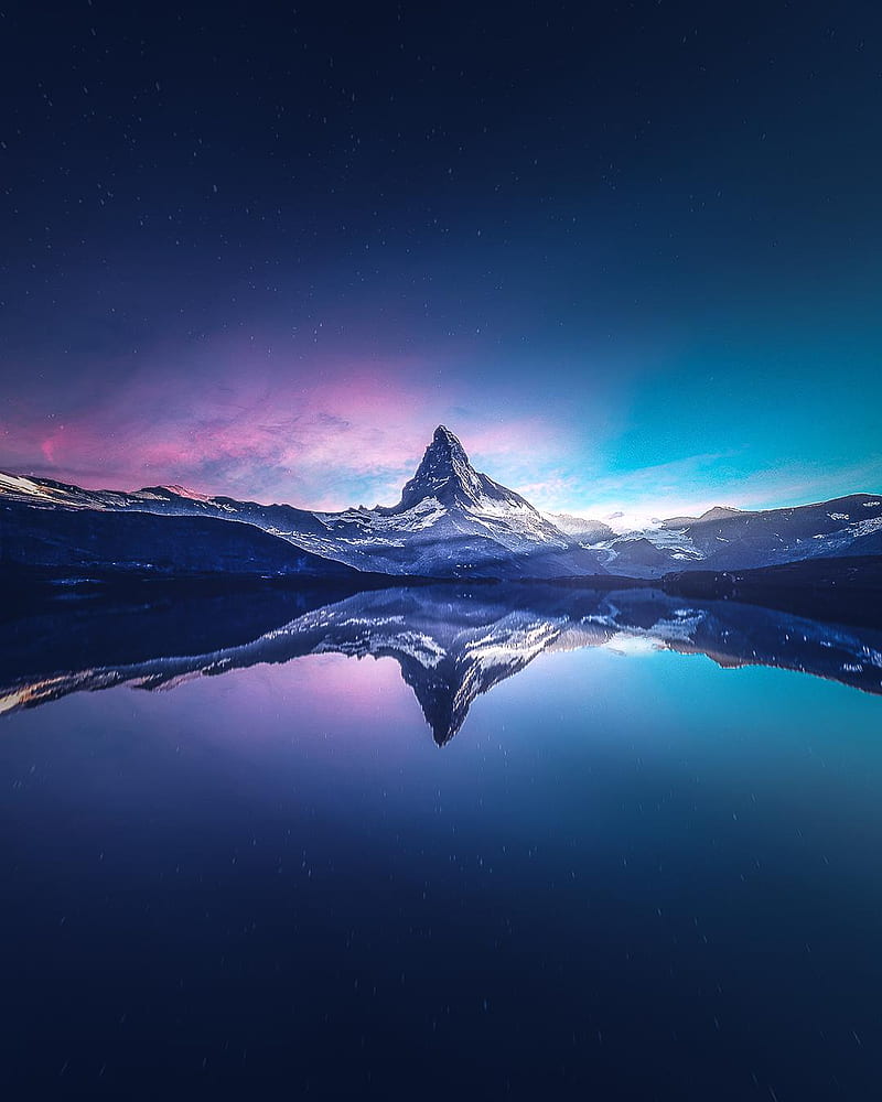 landscape, mountains, lake, snow, reflection, Matterhorn, dawn, blue, stars, symmetry, HD phone wallpaper