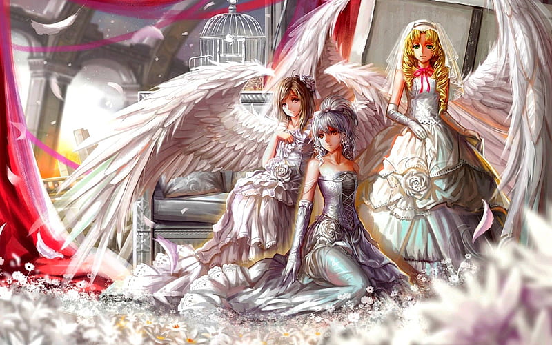 ANGELIC BRIDES, art, three, ruins, dresses, angels, daisies, arches, cage, flowers, girls, feathers, saber 01, HD wallpaper