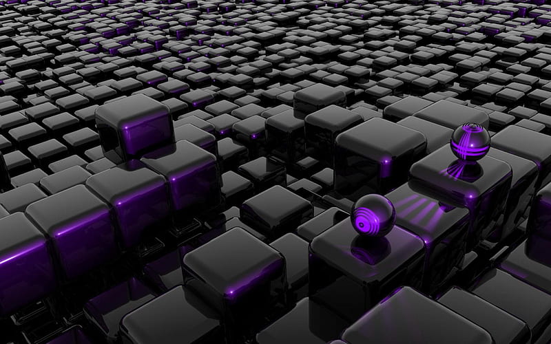 3d cubes, black cubes, purple cubes, HD wallpaper
