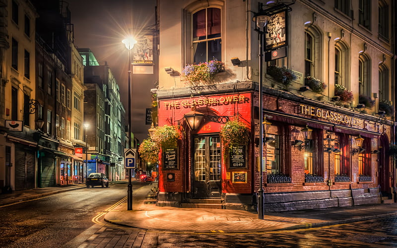 London, night, old street, cafe, Europe, England, UK, HD wallpaper